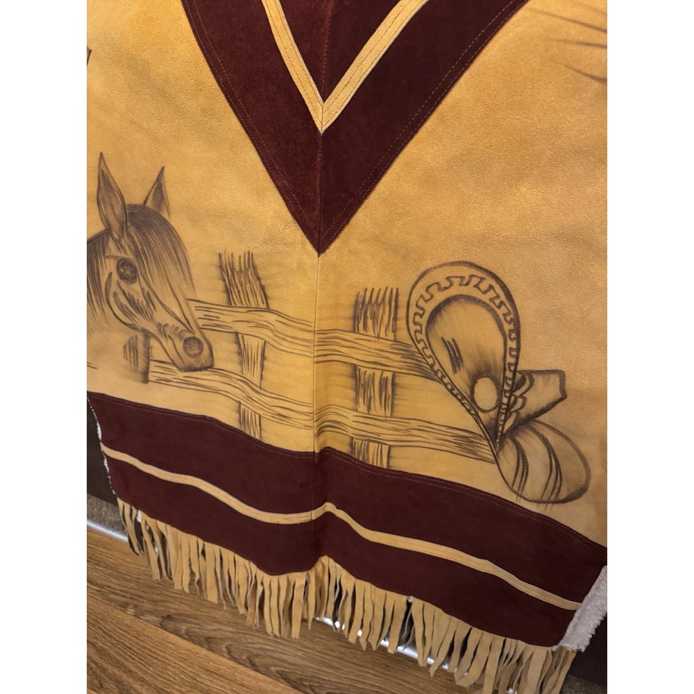 Vtg Western Cowboy Cowgirl Suede Poncho Serape Cape Rodeo Horses Fringe Mexico - Picture 3 of 12